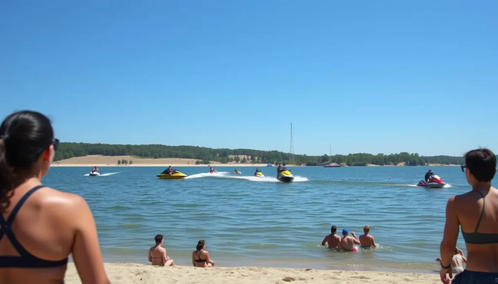 People enjoying water activities on Jackson Lake with boats and jet skis