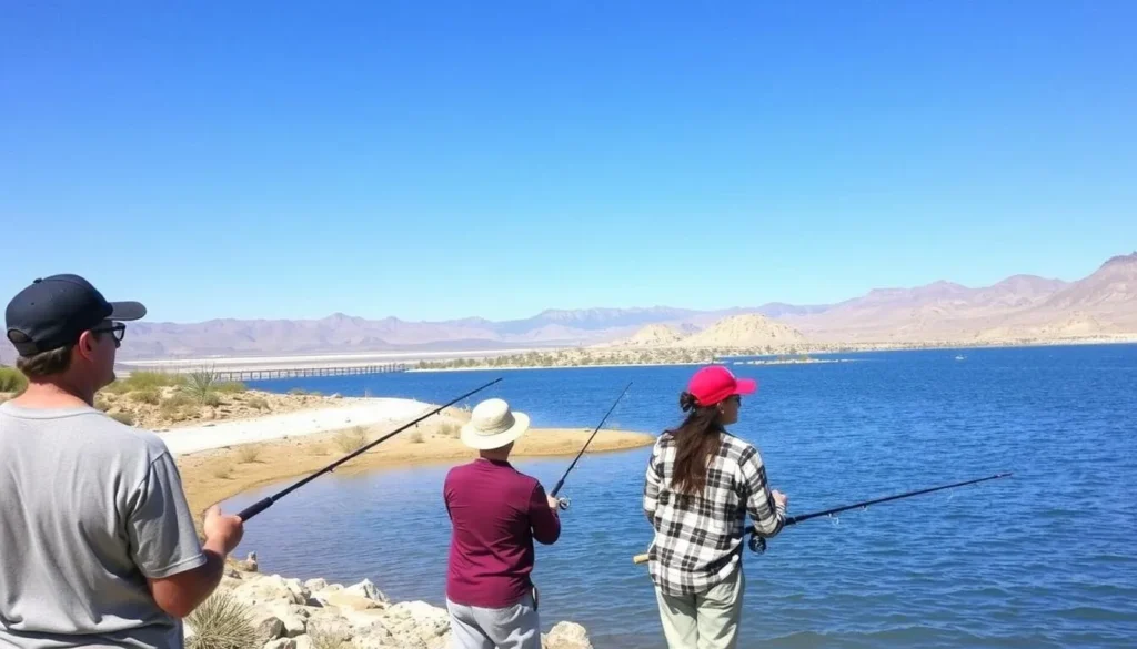 People fishing at Highline Lake with mountains in background