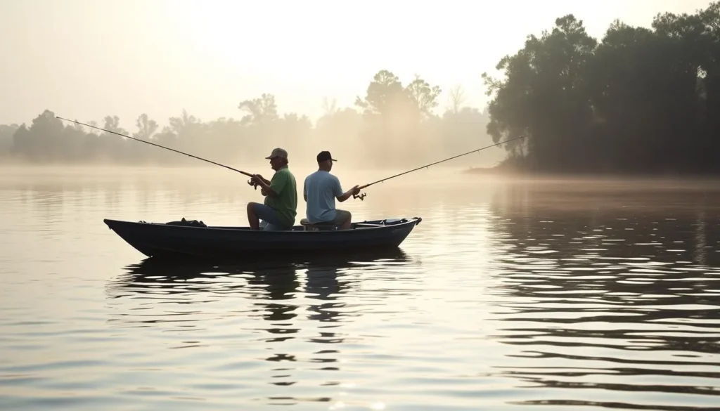 People fishing from a boat on False River with morning mist rising from the water People fishing from a boat on False River with morning mist rising from the water