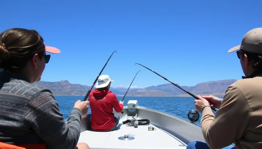 People fishing from a boat on Theodore Roosevelt Lake with mountains in the background