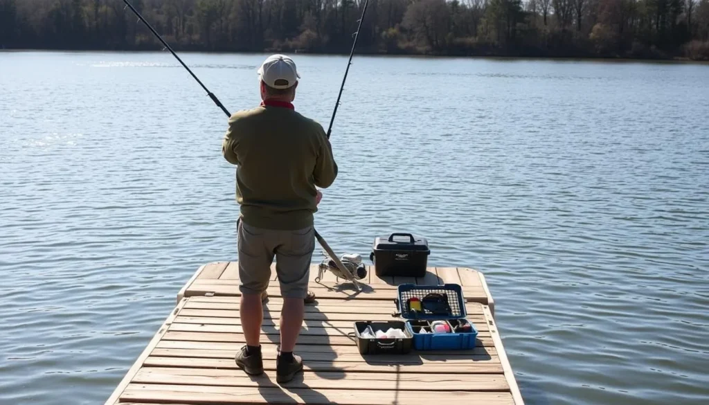 People fishing from a dock at Weldon Springs State Park lake