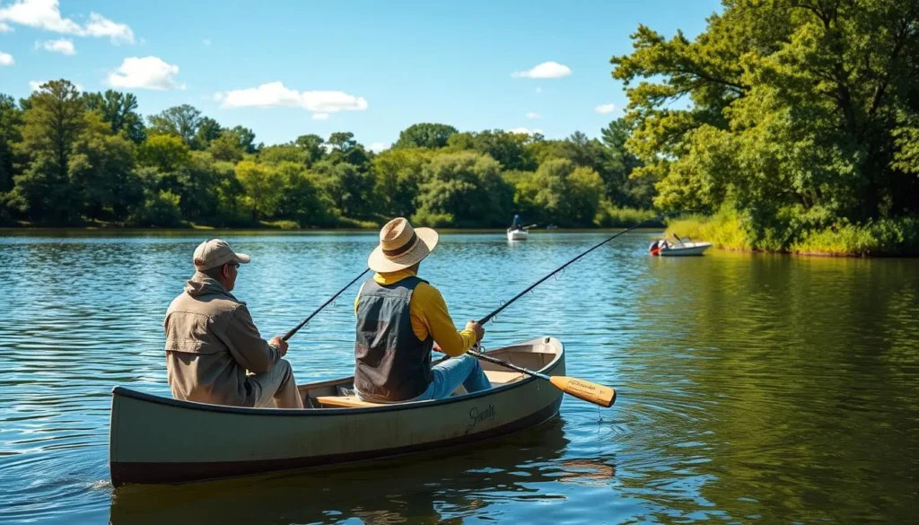 People fishing from a small boat on Spring Lake with lush greenery surrounding the water