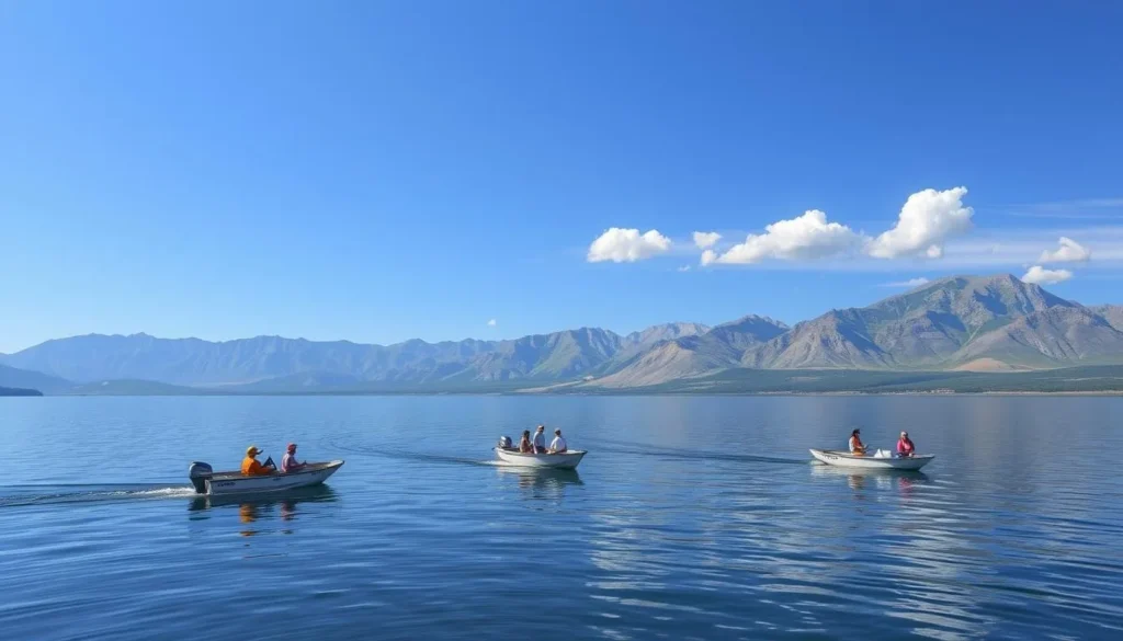 People fishing from boats on Eleven Mile Reservoir with mountains in the background People fishing from boats on Eleven Mile Reservoir with mountains in the background