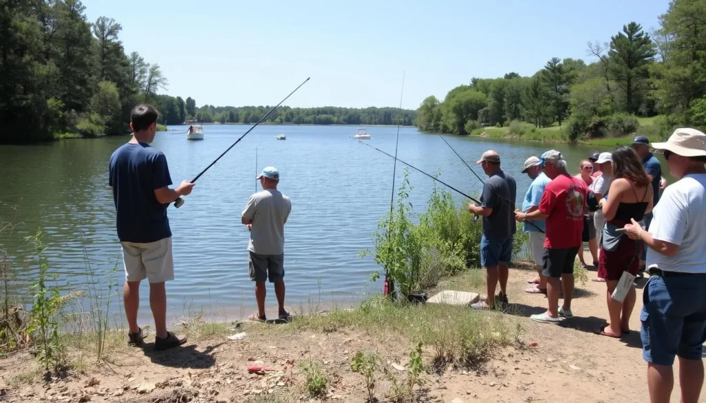 People fishing from the shore of Ramsey Lake with boats visible on the water People fishing from the shore of Ramsey Lake with boats visible on the water