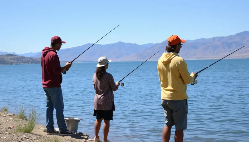 People fishing from the shore of San Luis Reservoir with mountains in the background People fishing from the shore of San Luis Reservoir with mountains in the background
