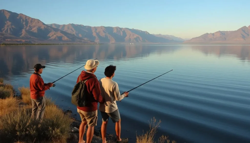 People fishing from the shore of Santa Rosa Lake with mountains in the background People fishing from the shore of Santa Rosa Lake with mountains in the background