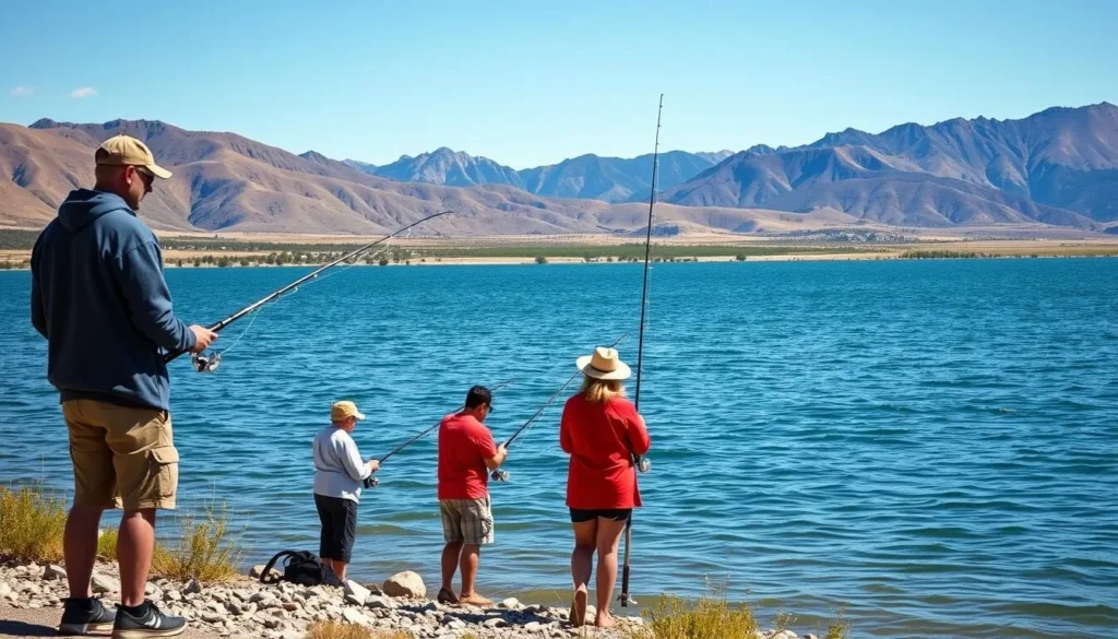 People fishing from the shore of Storrie Lake with mountains in background People fishing from the shore of Storrie Lake with mountains in background