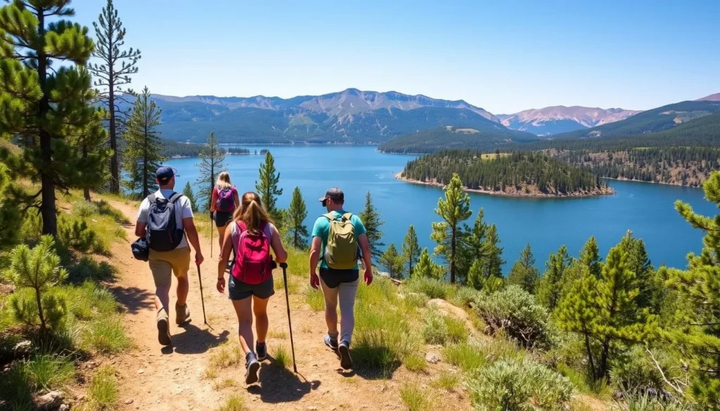 People hiking on Boulder Island with scenic lake and mountain views People hiking on Boulder Island with scenic lake and mountain views