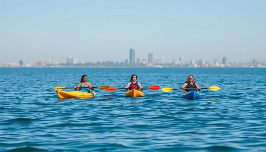 People kayaking in the calm waters of San Diego Bay near Silver Strand State Beach People kayaking in the calm waters of San Diego Bay near Silver Strand State Beach