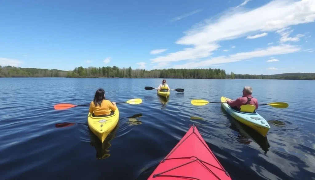 People kayaking on Dawson Lake at Moraine View State Park Illinois on a sunny day