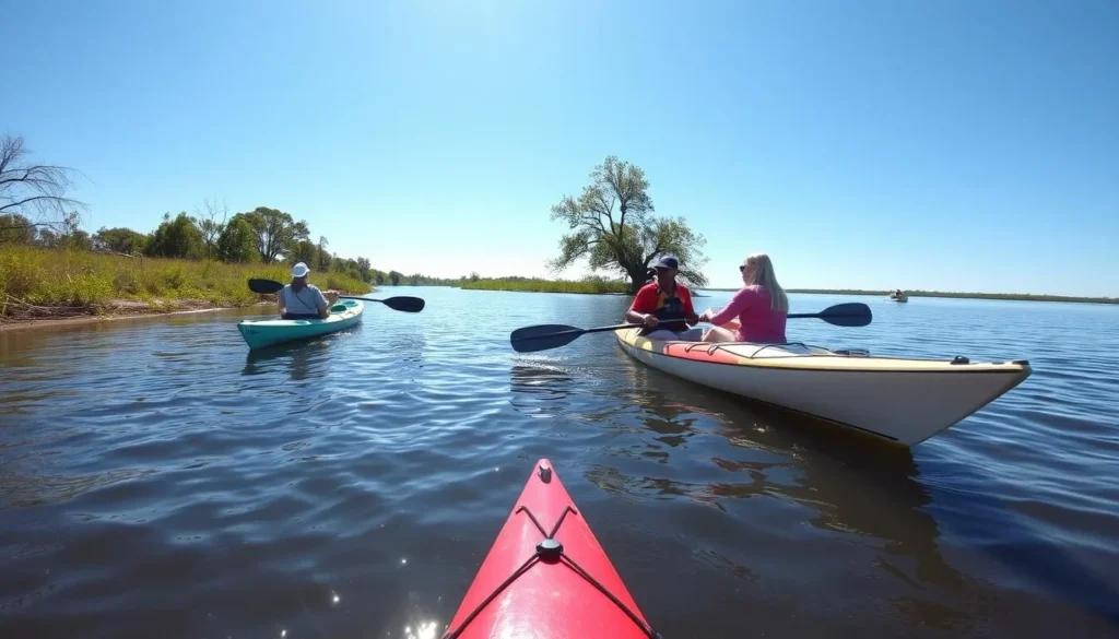 People kayaking on False River with cypress trees and natural shoreline People kayaking on False River with cypress trees and natural shoreline