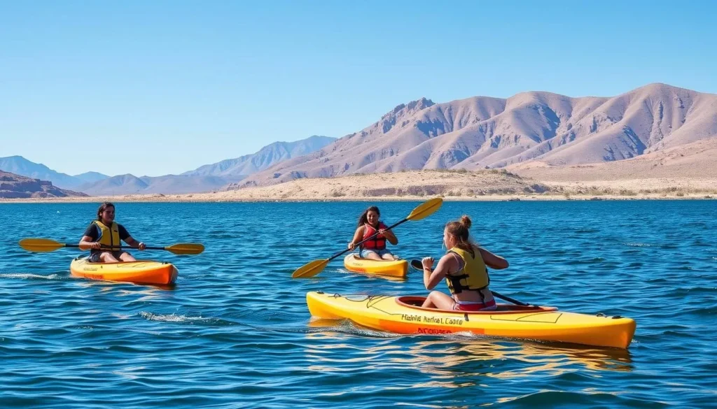 People kayaking on Highline Lake with desert hills in background