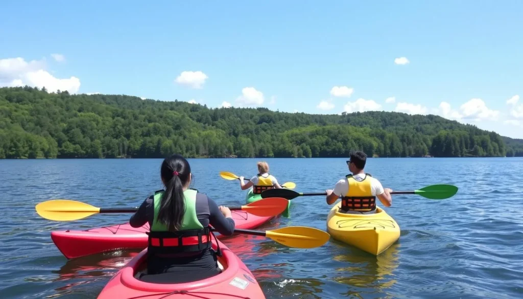 People kayaking on Tuscarora Lake with the forested shoreline in the background, showcasing one of the popular water activities