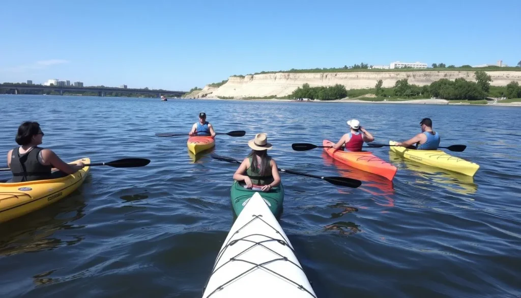 People kayaking on a calm section of the Mississippi River near Quincy with the riverfront visible People kayaking on a calm section of the Mississippi River near Quincy with the riverfront visible