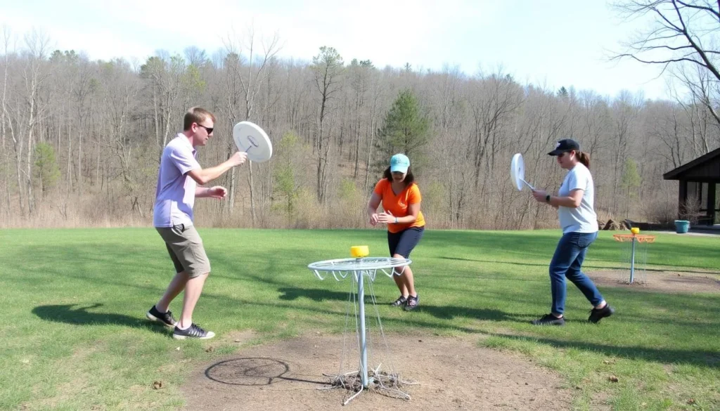 People playing disc golf at Tyler State Park Pennsylvania with scenic woodland backdrop People playing disc golf at Tyler State Park Pennsylvania with scenic woodland backdrop