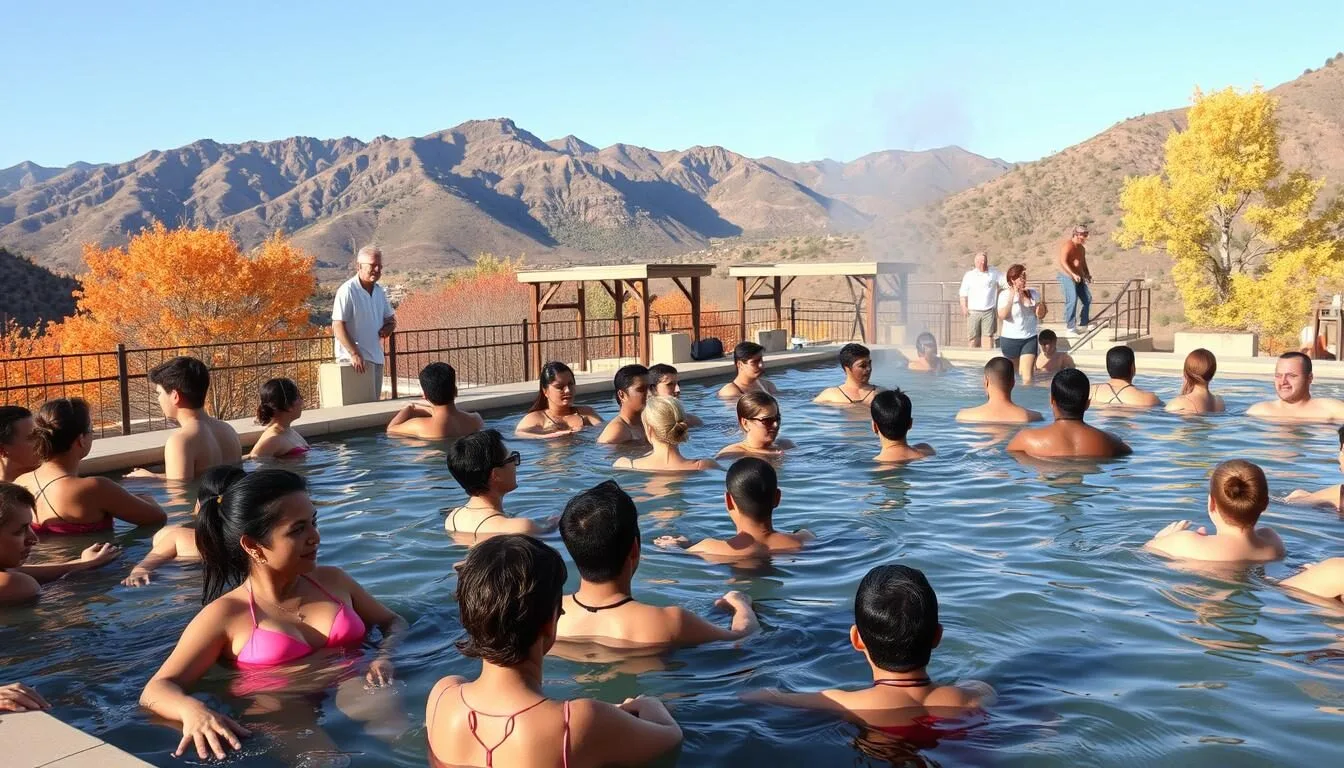 People-relaxing-in-hot-springs-at-Monte-Vista-with-fall-foliage-and-mountains-in-background People relaxing in hot springs at Monte Vista with fall foliage and mountains in background