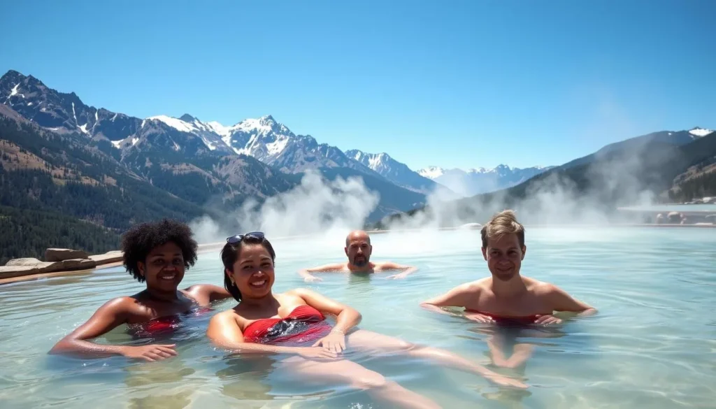 People soaking in Conundrum Hot Springs Colorado with mountain backdrop People soaking in Conundrum Hot Springs Colorado with mountain backdrop
