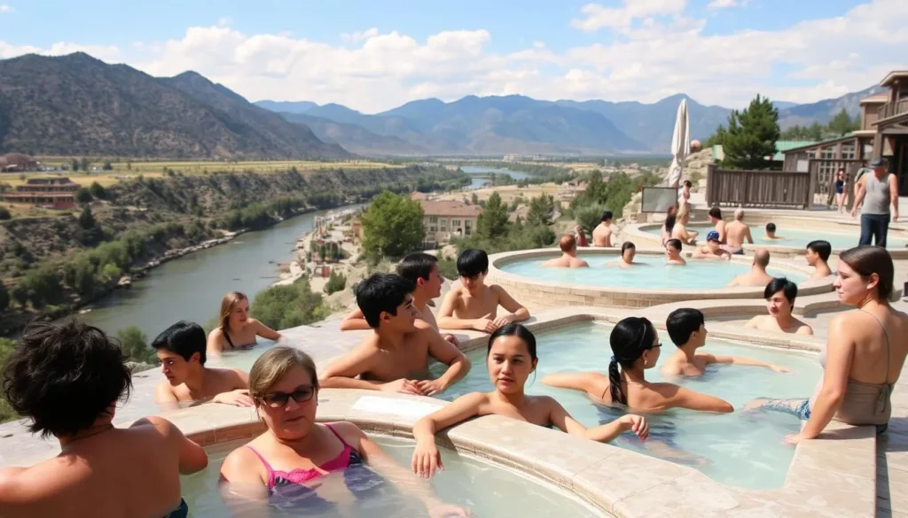 People soaking in Riverbend Hot Springs with views of the Rio Grande river People soaking in Riverbend Hot Springs with views of the Rio Grande river