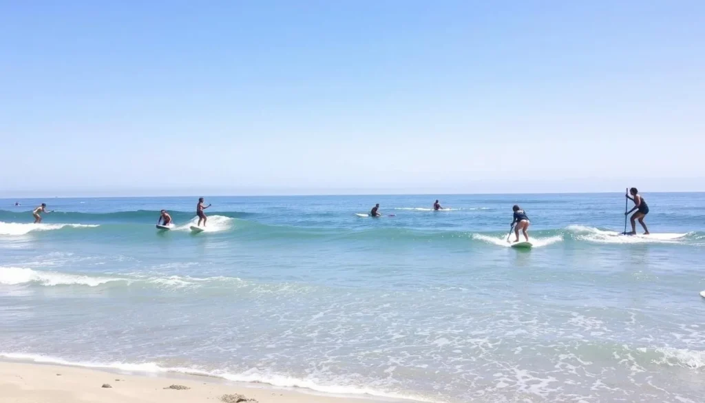 People surfing and paddleboarding at Santa Monica State Beach People surfing and paddleboarding at Santa Monica State Beach