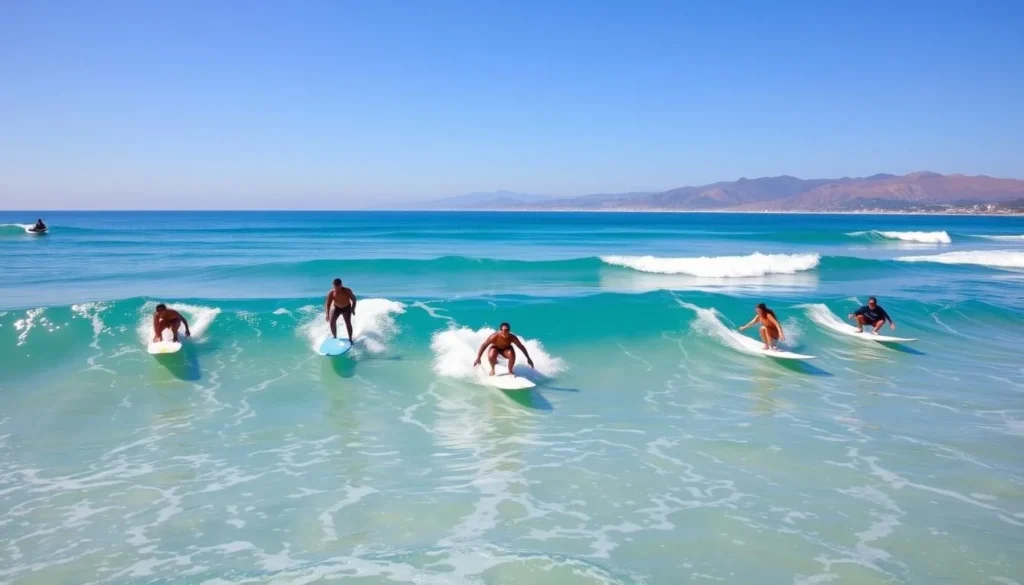 People surfing at Zuma Beach Malibu California with waves and mountains