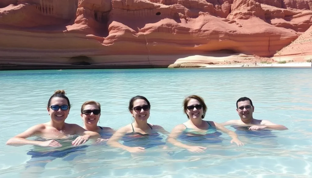 People swimming and relaxing at Wahweap Swim Beach with the beautiful Lake Powell backdrop