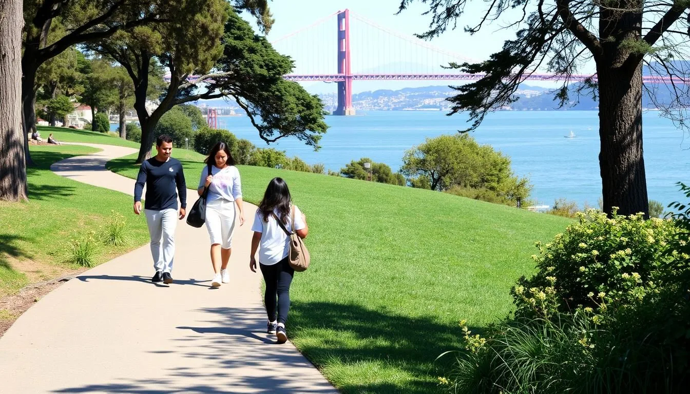 People walking on paths around Yerba Buena Island with Bay Bridge in background
