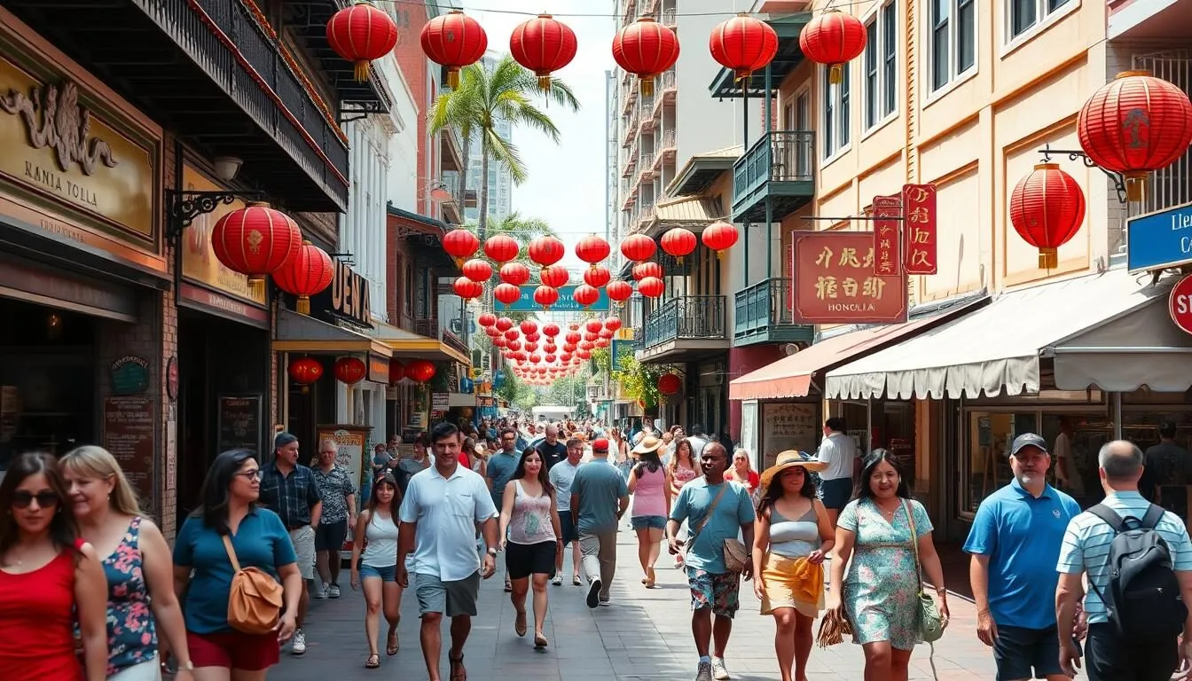 People walking through the colorful streets of Chinatown Honolulu