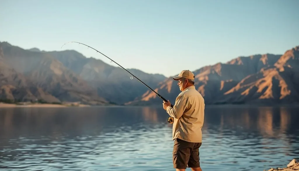 Person fishing from the shore at Echo Canyon State Park Nevada Person fishing from the shore at Echo Canyon State Park Nevada