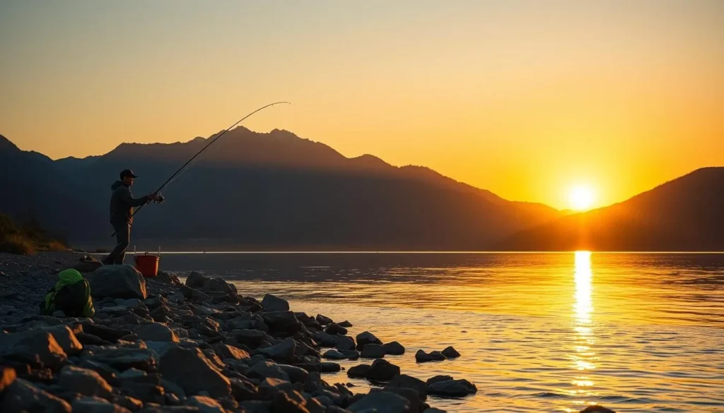 Person fishing from the shore of Green Mountain Reservoir at sunset Person fishing from the shore of Green Mountain Reservoir at sunset