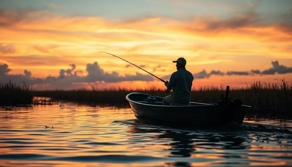 Person fishing in the marshlands of Pecan Island with a beautiful sunset in the background Person fishing in the marshlands of Pecan Island with a beautiful sunset in the background