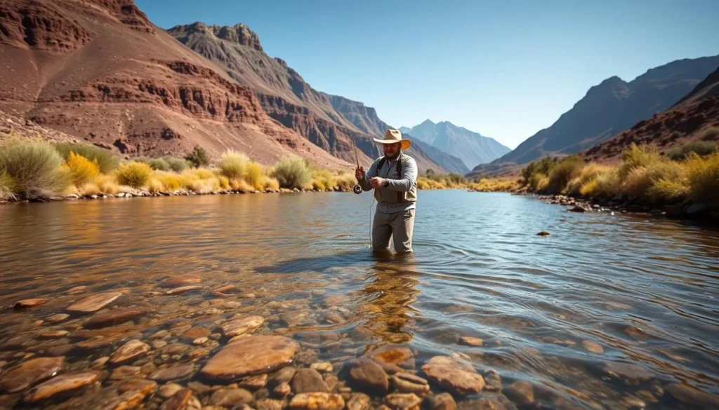 Person fly fishing in Ward Creek with mountains in background