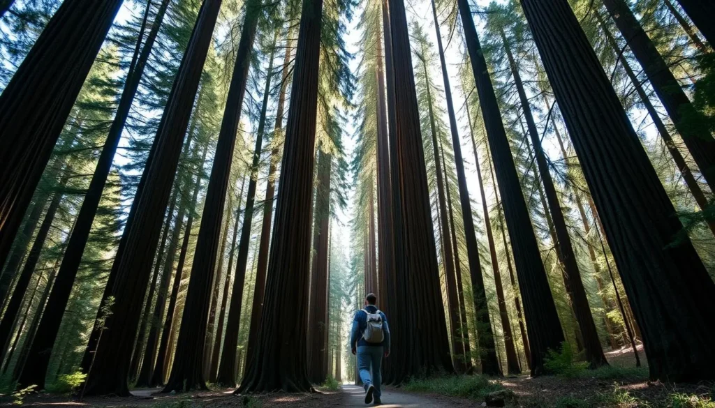 Person hiking on a trail through redwood forest in Standish-Hickey State Recreation Area Person hiking on a trail through redwood forest in Standish-Hickey State Recreation Area