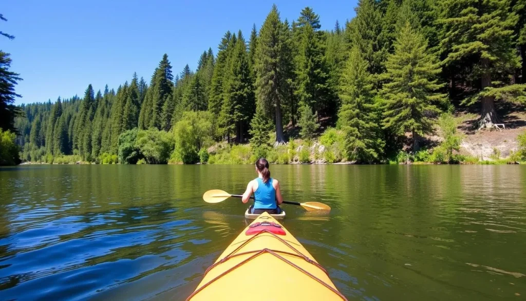 Person kayaking on the South Fork Eel River surrounded by forest scenery Person kayaking on the South Fork Eel River surrounded by forest scenery