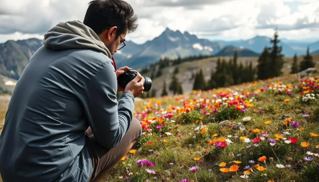 Person photographing wildflowers and wildlife in alpine meadow of Latir Peak Wilderness Person photographing wildflowers and wildlife in alpine meadow of Latir Peak Wilderness