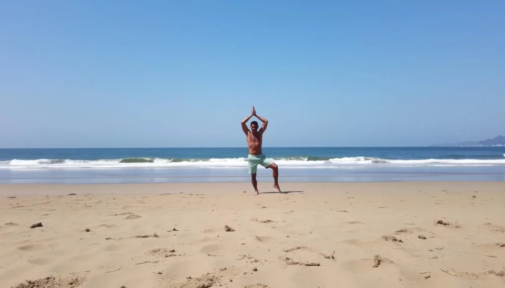 Person practicing yoga on the beach at Yerba Buena Island