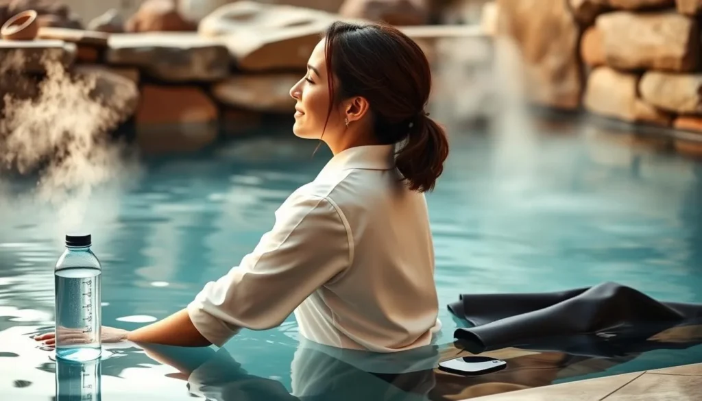 Person relaxing in outdoor mineral pool at Sierra Grande with proper hydration visible Person relaxing in outdoor mineral pool at Sierra Grande with proper hydration visible