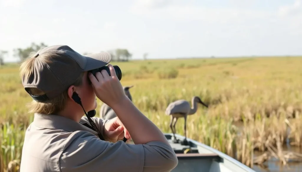 Person respectfully observing wildlife from a safe distance in Pecan Island Person respectfully observing wildlife from a safe distance in Pecan Island