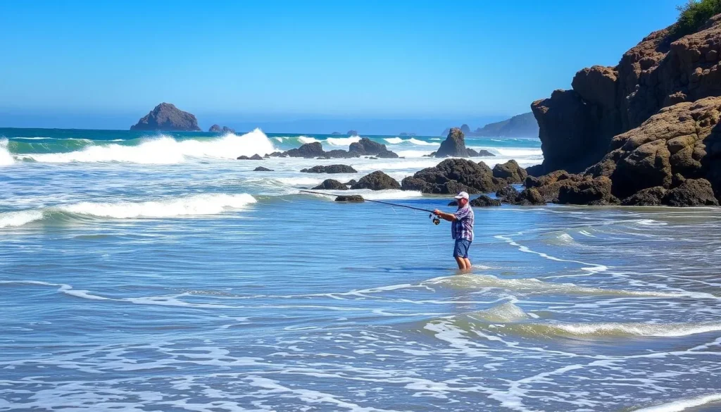 Person surf fishing at Westport-Union Landing State Beach with waves crashing nearby Person surf fishing at Westport-Union Landing State Beach with waves crashing nearby