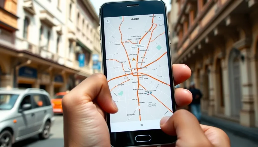 Person using a mobile phone with Mumbai city map for navigation - Mumbai travel guide