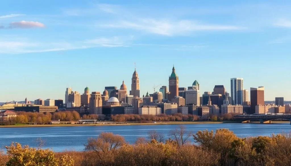 Philadelphia skyline view from nearby Upper Merion showing historic and modern architecture Philadelphia skyline view from nearby Upper Merion showing historic and modern architecture