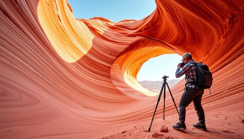 Photographer capturing The Wave at mid-morning with perfect lighting conditions highlighting the vibrant colors