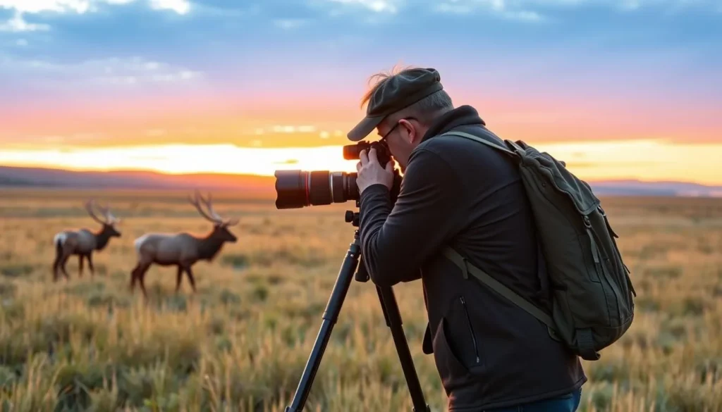 Photographer capturing images of tule elk at the reserve during golden hour Photographer capturing images of tule elk at the reserve during golden hour