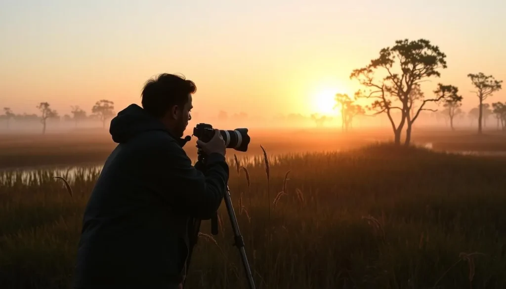 Photographer capturing sunrise over Pass-a-Loutre marshlands