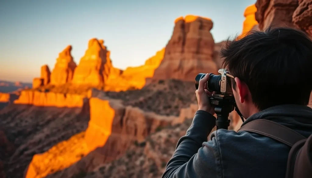 Photographer capturing sunset light on San Lorenzo Canyon formations