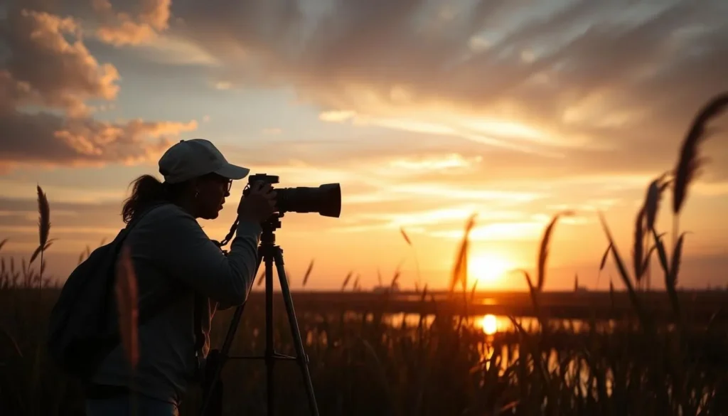 Photographer capturing sunset over Lacassine Wetlands Louisiana with silhouetted marsh grasses Photographer capturing sunset over Lacassine Wetlands Louisiana with silhouetted marsh grasses