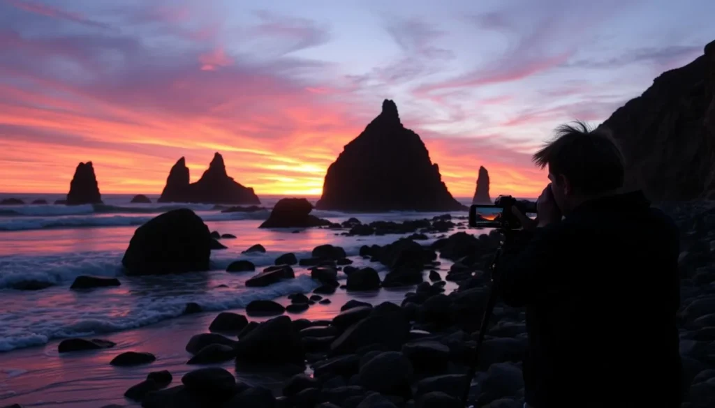 Photographer capturing sunset over rock formations at Westport-Union Landing State Beach Photographer capturing sunset over rock formations at Westport-Union Landing State Beach