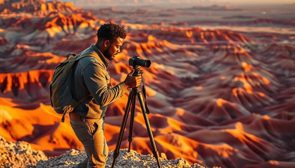 Photographer capturing the dramatic light and colors of Painted Desert during golden hour Photographer capturing the dramatic light and colors of Painted Desert during golden hour