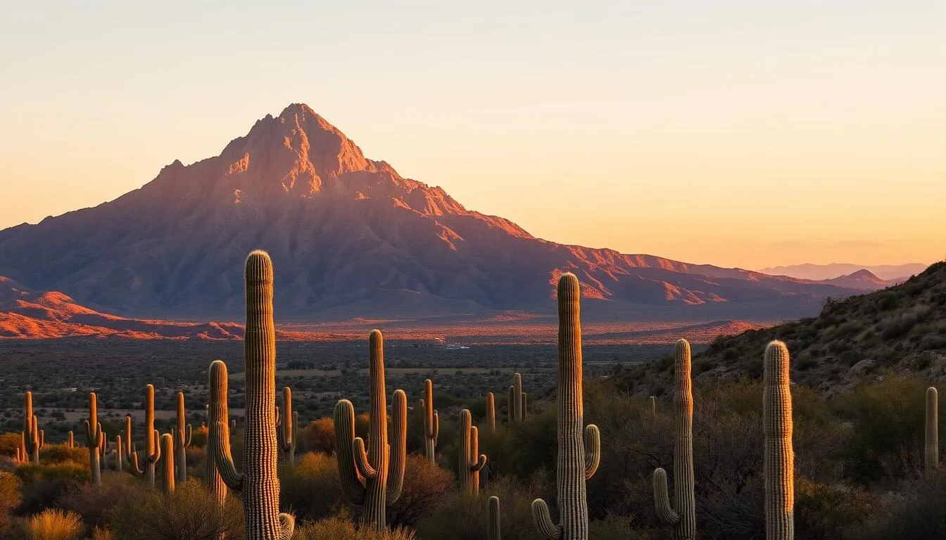Picacho Peak rising dramatically above the Sonoran Desert landscape in Arizona