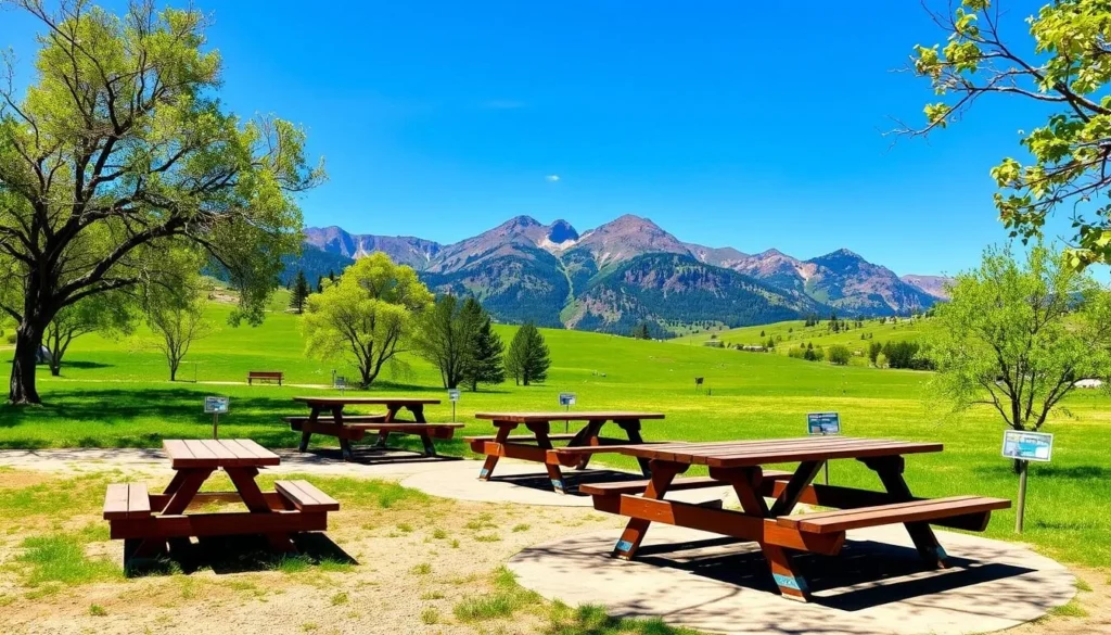 Picnic area at Arapaho National Wildlife Refuge with tables set against mountain backdrop Picnic area at Arapaho National Wildlife Refuge with tables set against mountain backdrop