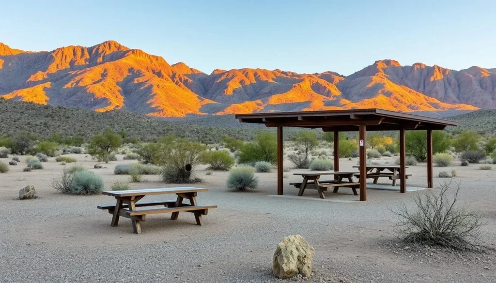 Picnic area at Berlin-Ichthyosaur State Park with covered tables and desert landscape Picnic area at Berlin-Ichthyosaur State Park with covered tables and desert landscape
